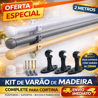 Varão Bastão de cortina de madeira 2,00 mts 19mm Para Janela de Quarto, Cozinha e Sala