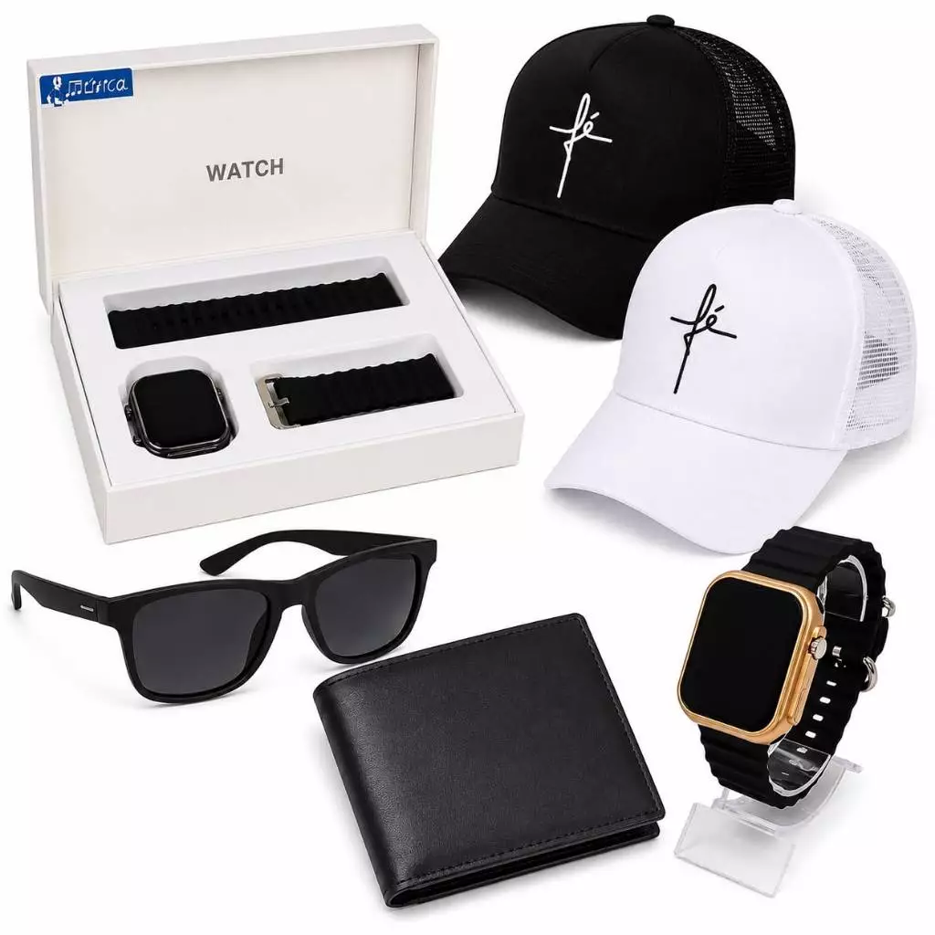 Kit Presente Masculino Boné grife + Carteira de Couro+ Óculos + Relógio Premium Prova Dagua