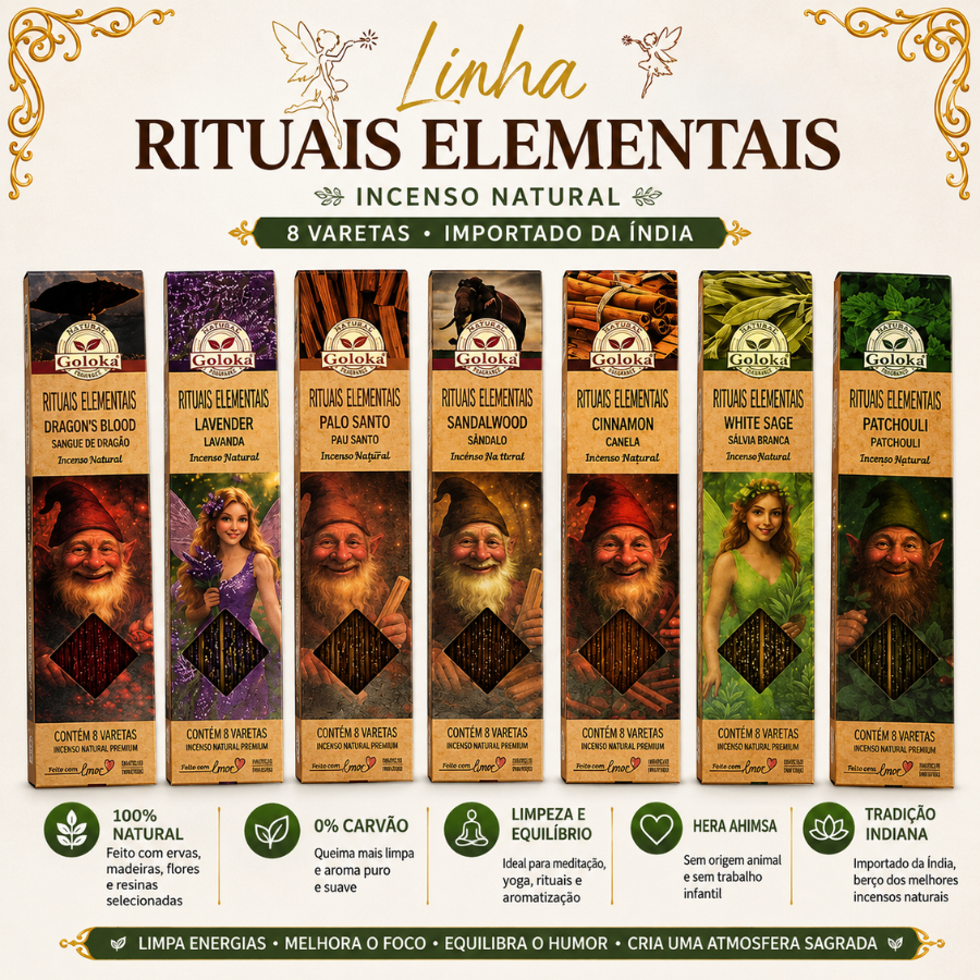 Incenso Natural Goloka Rituais Elementais 8 Varetas Importados da Índia