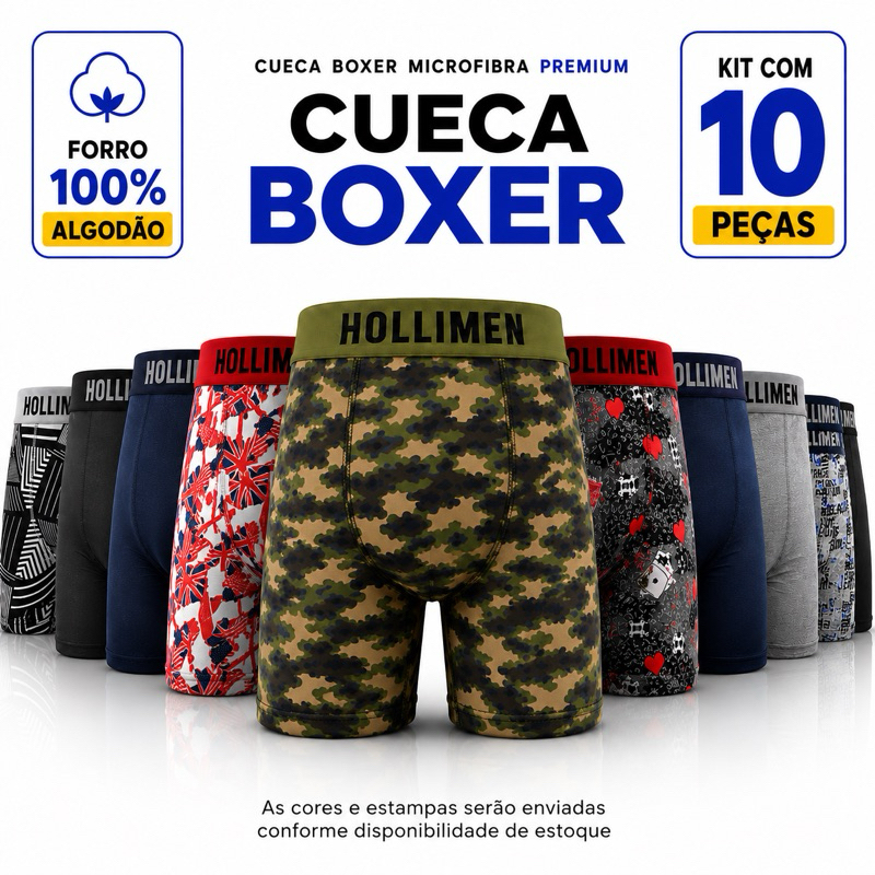 Kit 10 Cuecas Boxer masculana Microfibra Lisas  e espampadas com Forro 100% Algodão Promoção