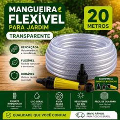 Mangueira de jardim reforçada trançada 20 metros transparente cristal flexível com engate e esguicho durável 3/8