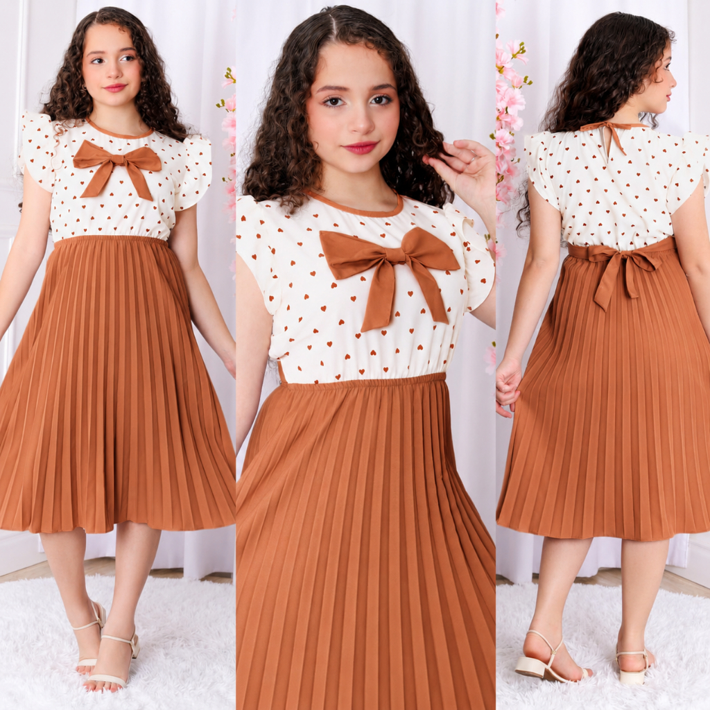Vestido Infantil feminino Saia Plissada e forrado Corpo estampa  Elástico na Cintura e Lazzo