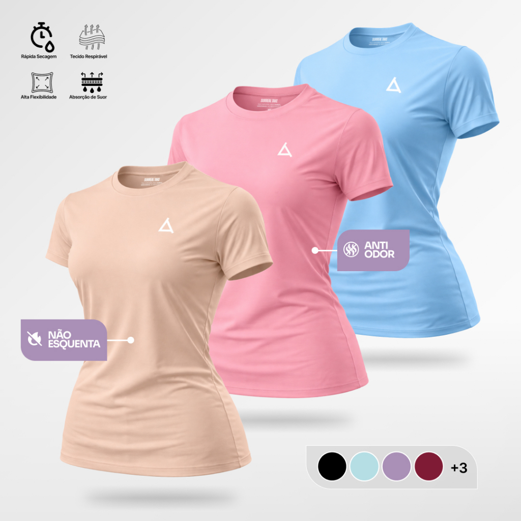 KIT 3 ou 2 Camiseta Academia Feminina Dry Fit UV 50 + Treino Blusa Slim Caminhada Treino Musculação