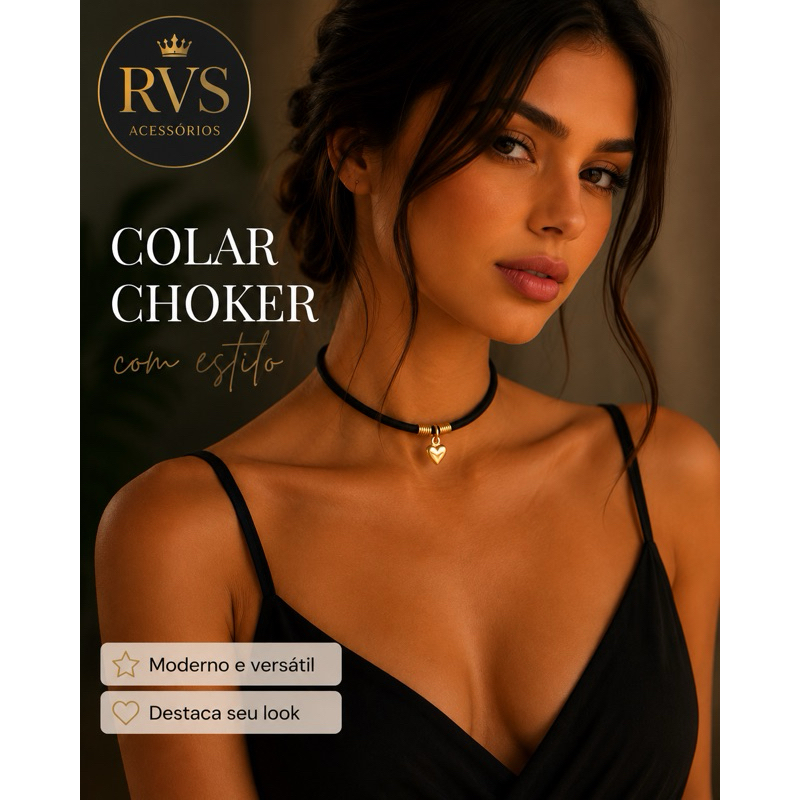 Colar Choker courinho aveludado com pingente de coração