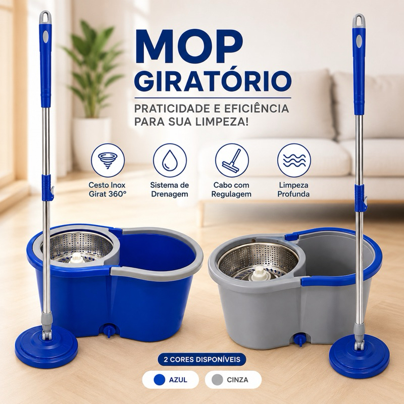Mop Giratório 360º com Balde Duplo – Rotação 360º, Cabo Ajustável e Microfibra Absorvente