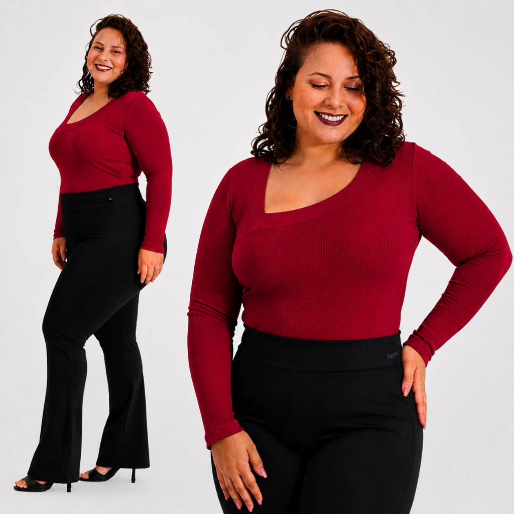 Blusa Feminina Plus Size Manga Longa Canelada Decote Assimétrico GG ao G5 Elegante Confortável Roupa Básica Casual