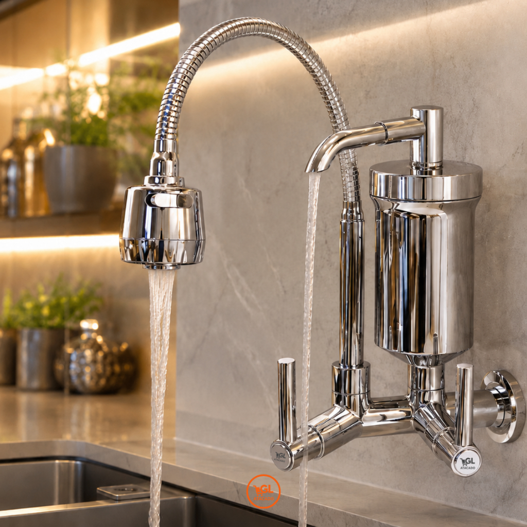 Torneira com Filtro Gourmet Parede Cromada Cano Flexível Inox 2 Jatos Purificador Cozinha Luxo ABS