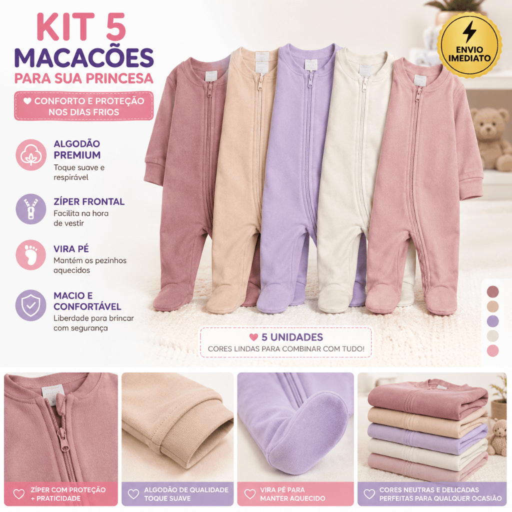 Kit 5 Macacão Bebê Menina Liso Algodão Zíper Vira Pé Inverno Infantil Macio Macacões