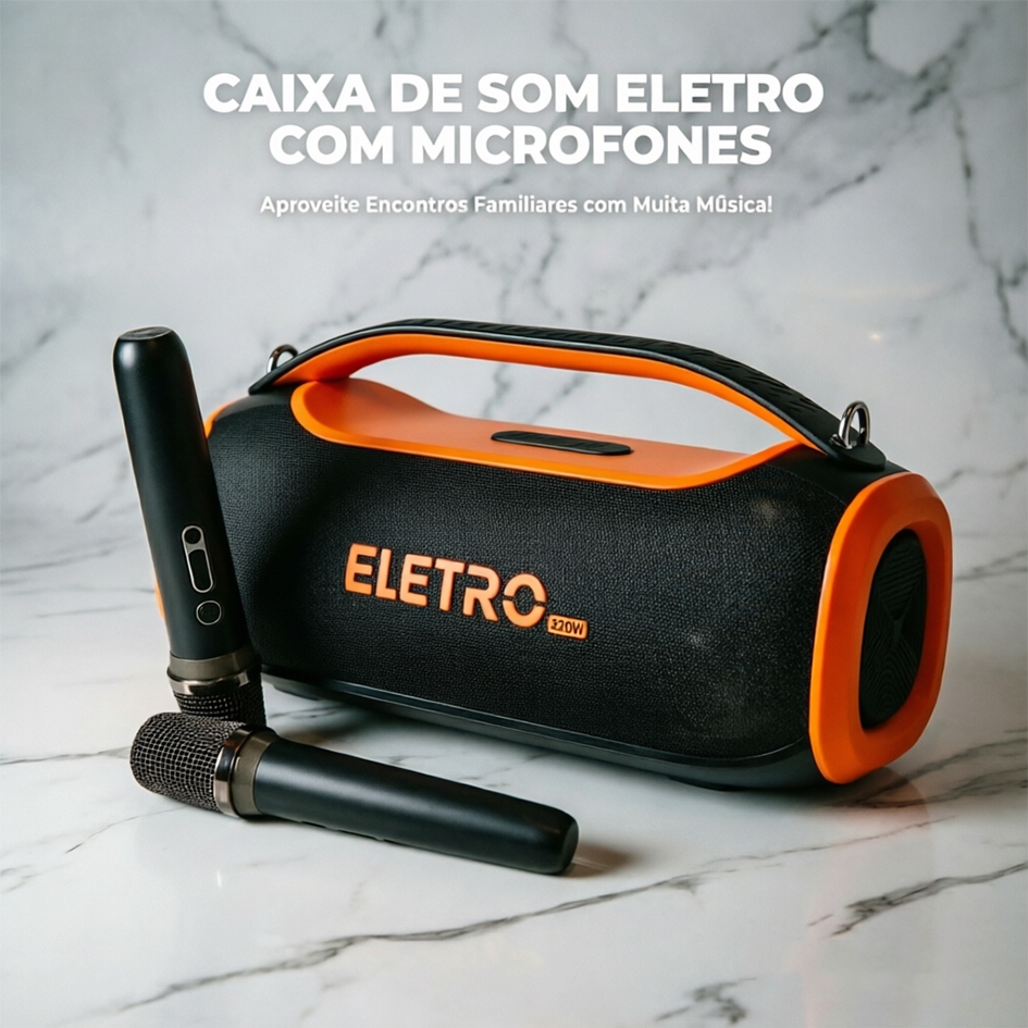 Caixa De Som Bluetooth 300W EletroMex RGB Com 2 Microfones Sem Fio Karaokê Portátil IPX5