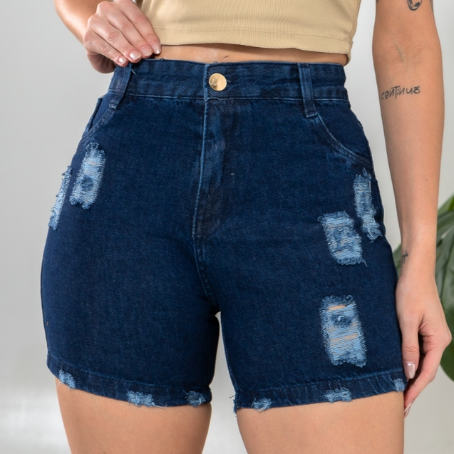 Short Jeans Feminino Cintura Alta Levanta Bumbum Detalhes Puídos Com Barra Lavagem Escura
