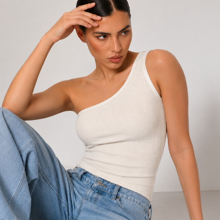 Cropped Um Ombro Feminino ribana Canelada Forro Duplo Casual Estiloso