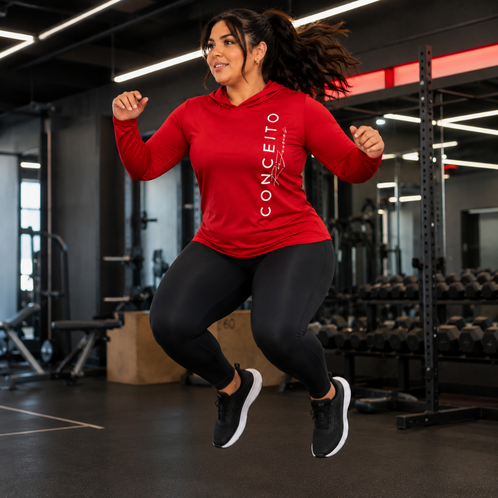 Blusa Feminina Fitness Plus Size Poliester com Capuz Manga Longa Academia, Corrida e Caminhada G1 ao G5