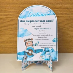 Plaquinha Centro de Mesa Personalizada Ursinho Aviador- Plaquinha de Agradecimento