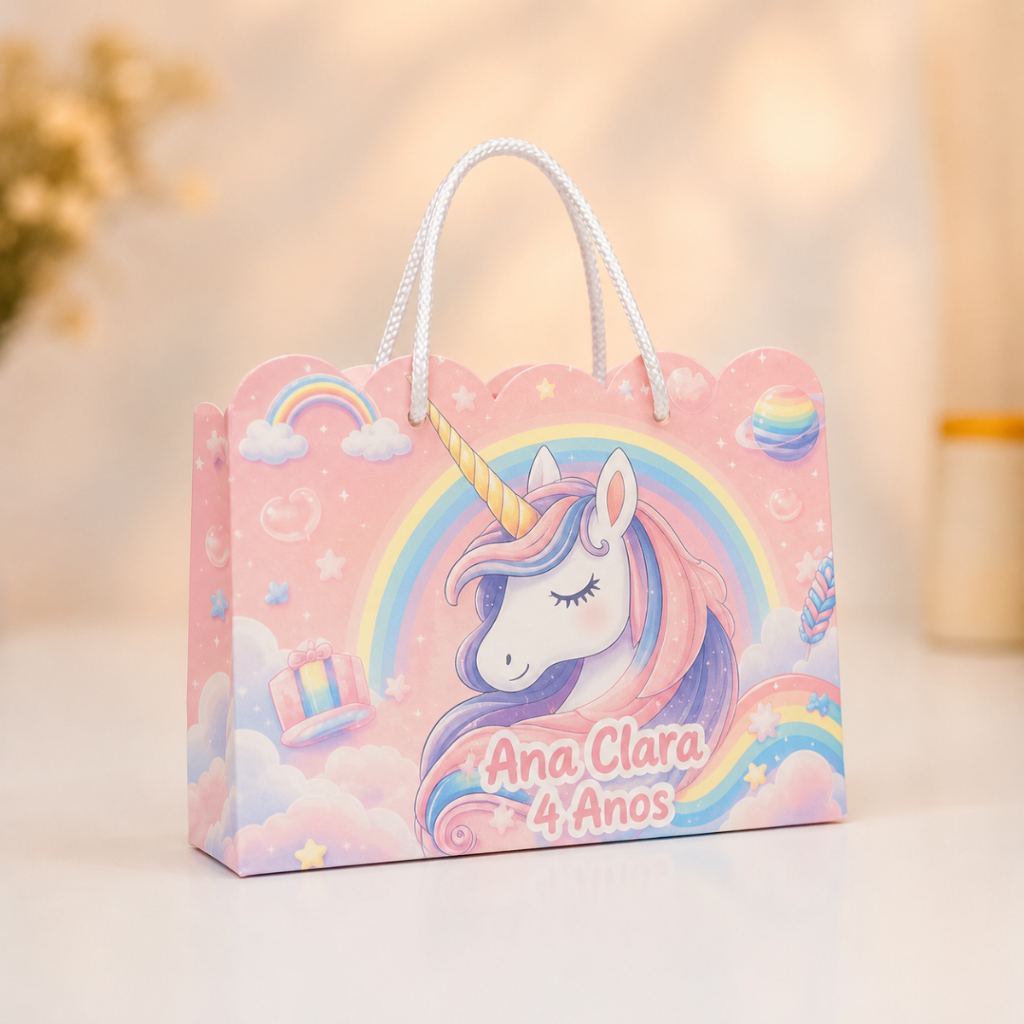 Bolsinha Ondulada Unicornio Kit Festa Infantil (20x15x5) Personalizada com Nome e Idade Lembrancinha Sacolinha de Papel