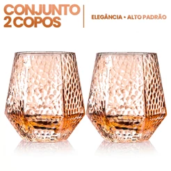 Jogo De Copos Whisky Vidro Facetado Baixo Resistente 300ml Premium Luxo Elegante Drinks Hercos