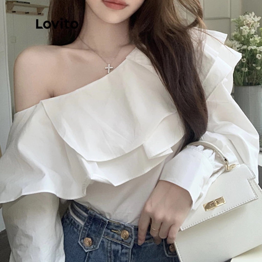 Lovito Blusa Elegante Feminina Manga Longa com Babados no Decote BLNS11AX141