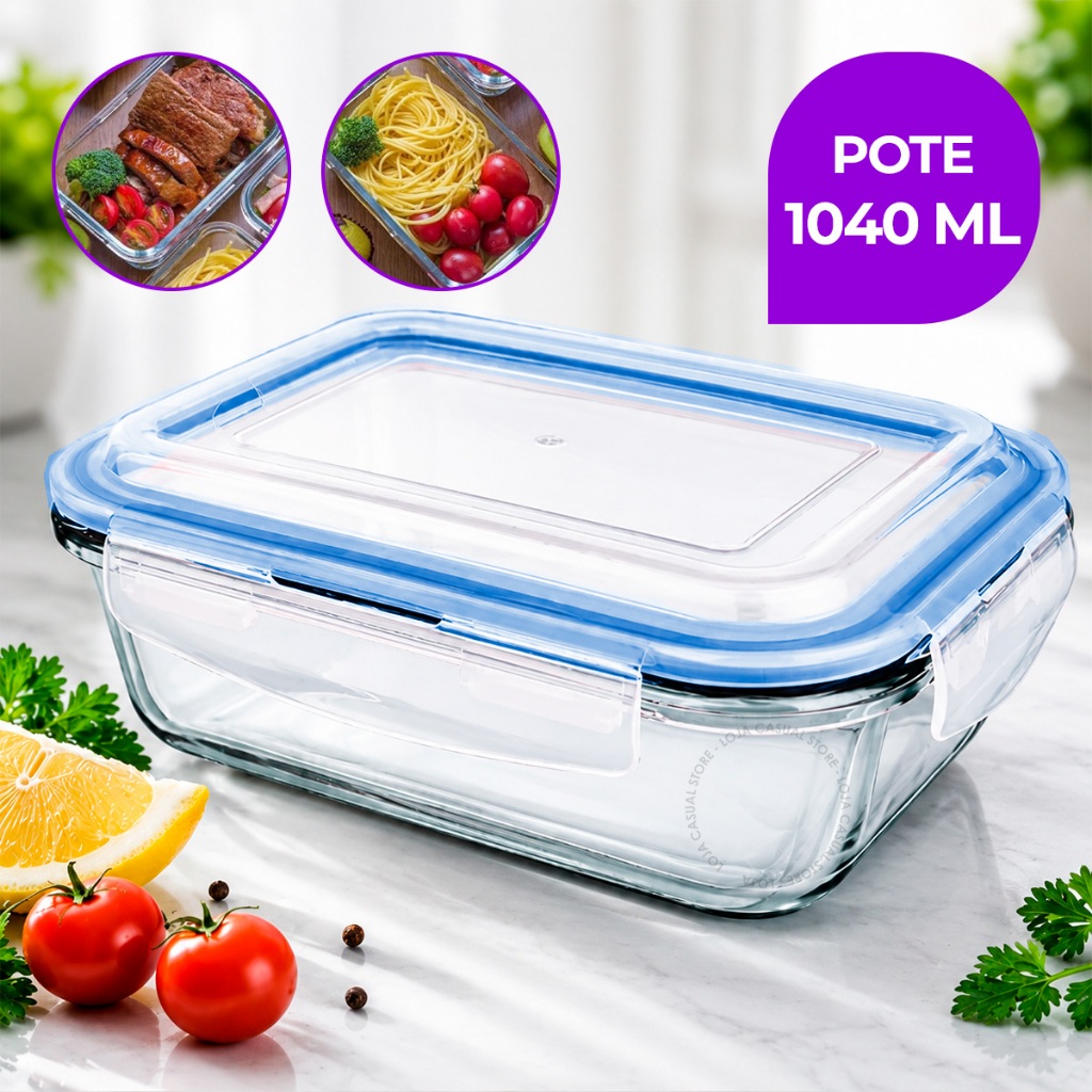 Pote Hermético Vidro Marmita 1040ml 4 Travas Armazenar Retangular Microondas Borossilicato