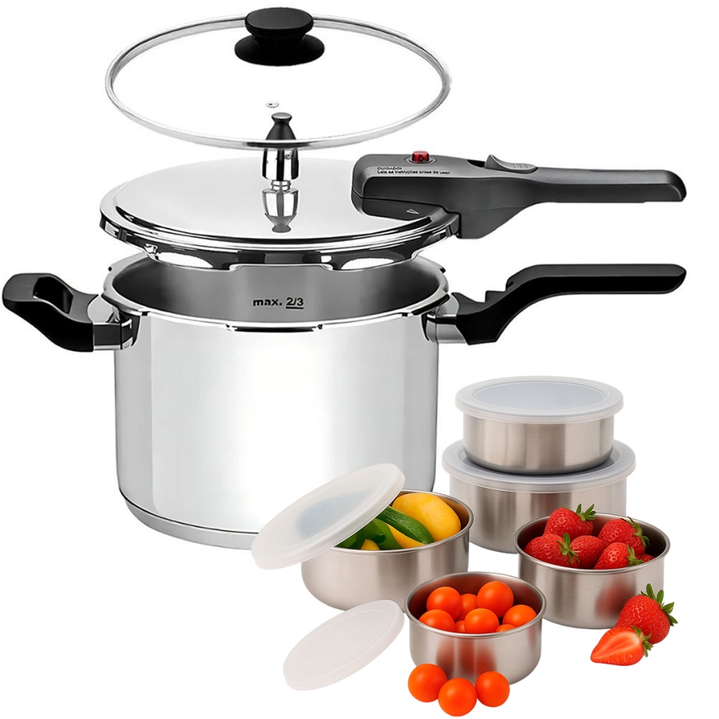Panela de Pressão 2 em 1 Tramontina 6Lts Brava Com Jogo de Potes 5 Peças Em Aço Inox
