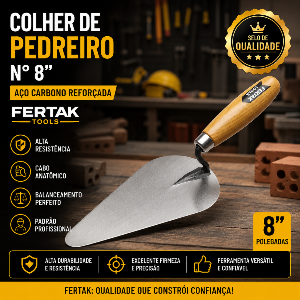 Colher de Pedreiro N° 8" Fertak Aço Carbono Reforçada Profissional Construção Alvenaria