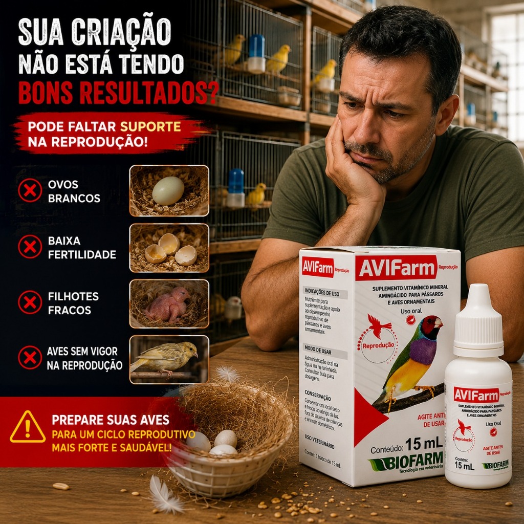 AviFARM Reprodução 15ml Biofarm Vitamina E Selênio Fertilidade Aves Canários Calopsitas Pássaros