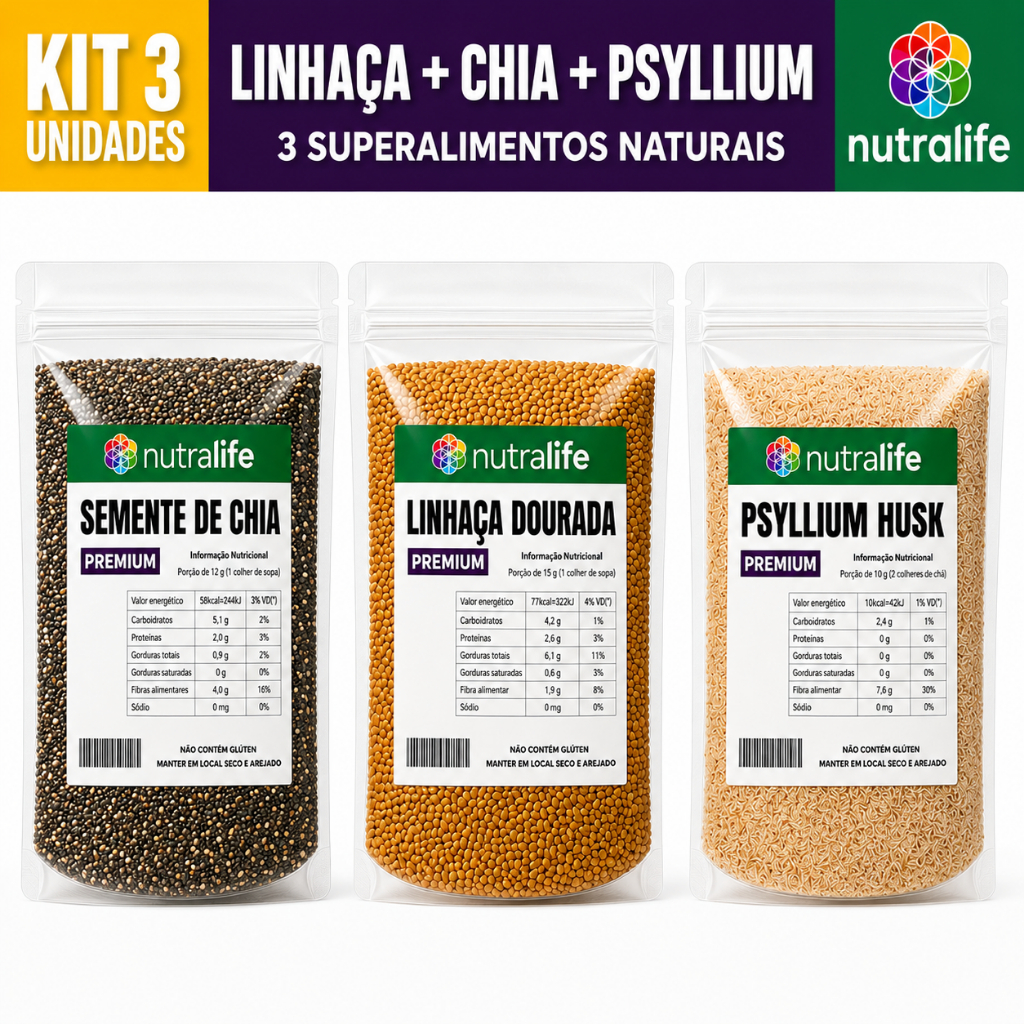 Kit Mix de Sementes Chia + Linhaça + Psyllium Low Carb 750g e 300g