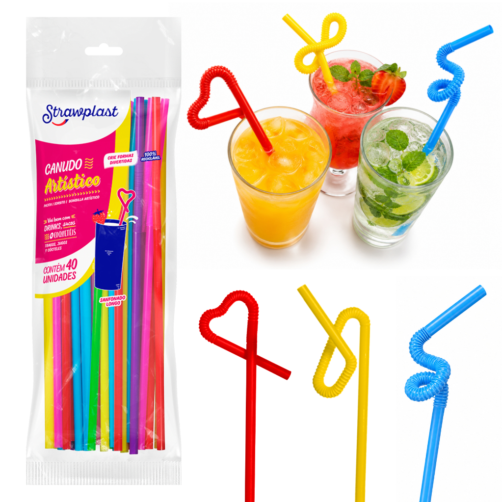 Canudo Decorativo Artístico Flexível Strawplast Pacote com 40/120/200 Unidades Enfeite Drink Caipirinha Batida Bebidas