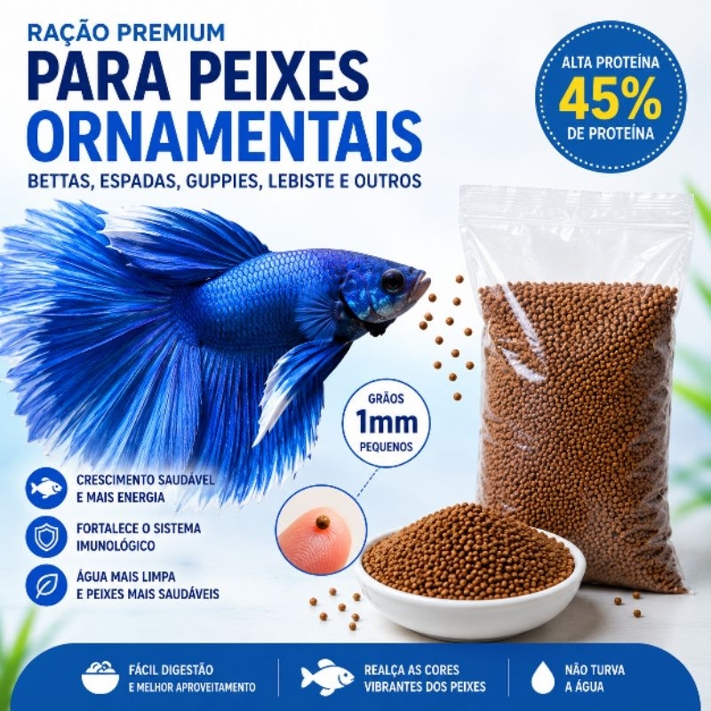 Ração Premium para Bettas, Guppies, Lebistes, Espadas e Peixes Tropicais Ornamentais – 45% de Proteína
