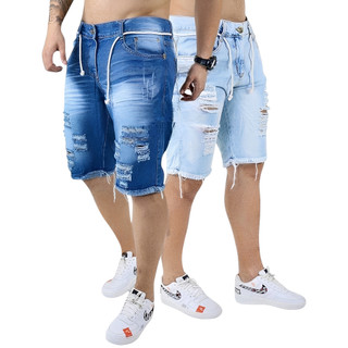 Kit 2 Bermudas Jeans Masculinas Premium Rasgadas Casual Streetwear Confortável Alta Qualidade Lycra Moda Verão Diversos