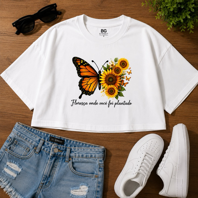 Camiseta Femenina Estampada Borboleta 100% Algodão Cropped Oversized Girassol Confortável Elegante Envio Imediato