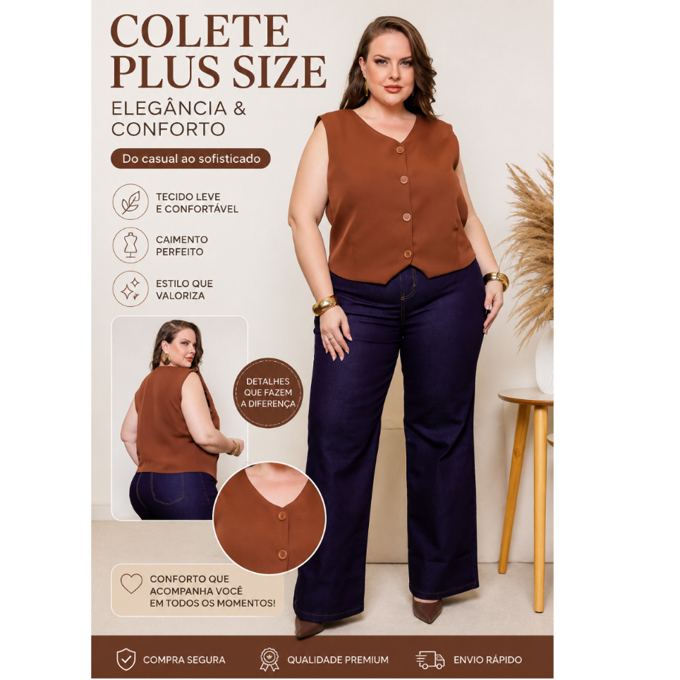 Coletinho Curto Plus Size Feminino Colete Forrado Social Tecido Alfaiataria Premium com Botões Tamanho G ao G2(50)