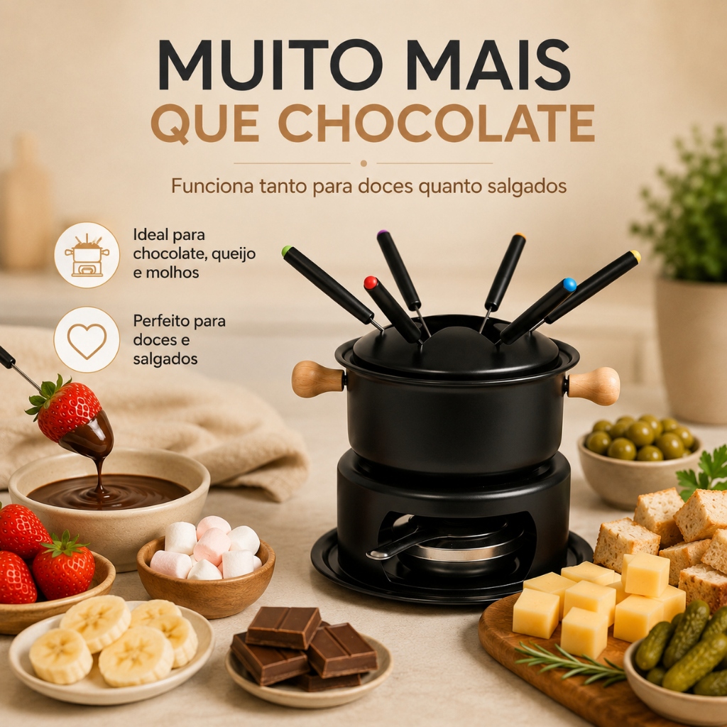 Kit De Fondue 11 Peças Preto Completo Para Queijo Chocolate E Carne Com Garfos Base Tippi · foto 2