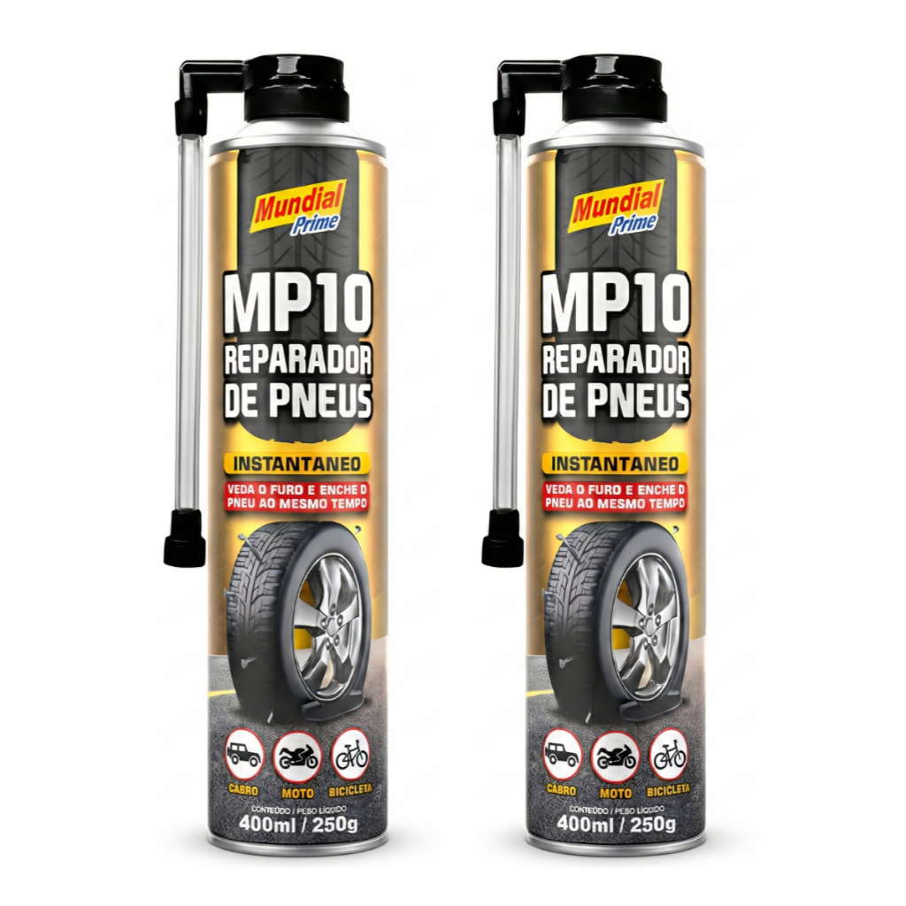 Kit 2 Spray Reparador De Pneu Furado Mp10 Mundial Prime 400ml Bike Carro Moto Bicicleta Ar Reparo