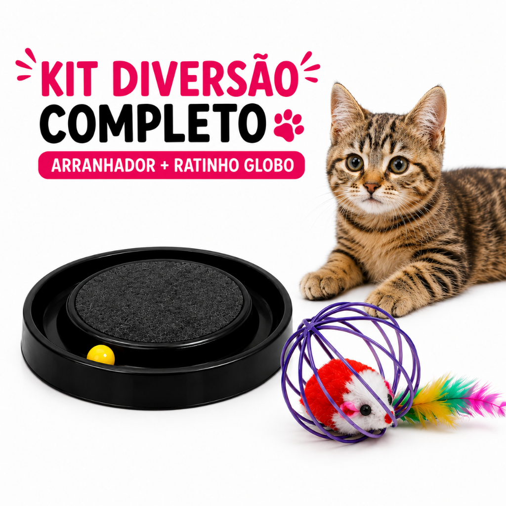 Kit Ratinho com Globo + Arranhador para Gatos Interativo 2 em 1 com Bola Pet Cat Brinquedo Felino