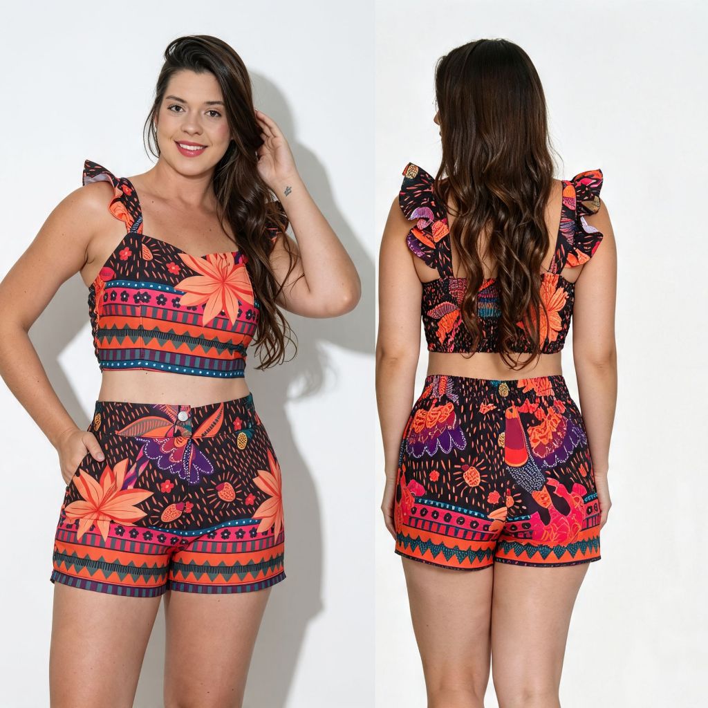 Conjunto Feminino Estampa Tropical Tendencia 2026 Short + Cropped com Alça  Moda Verão roupa feminina leve Moda Praia