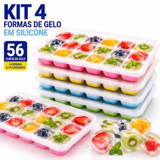 Kit com 4 ou 2 Forma De Gelo Fundo Silicone 14 Cubos Tampa Rígida