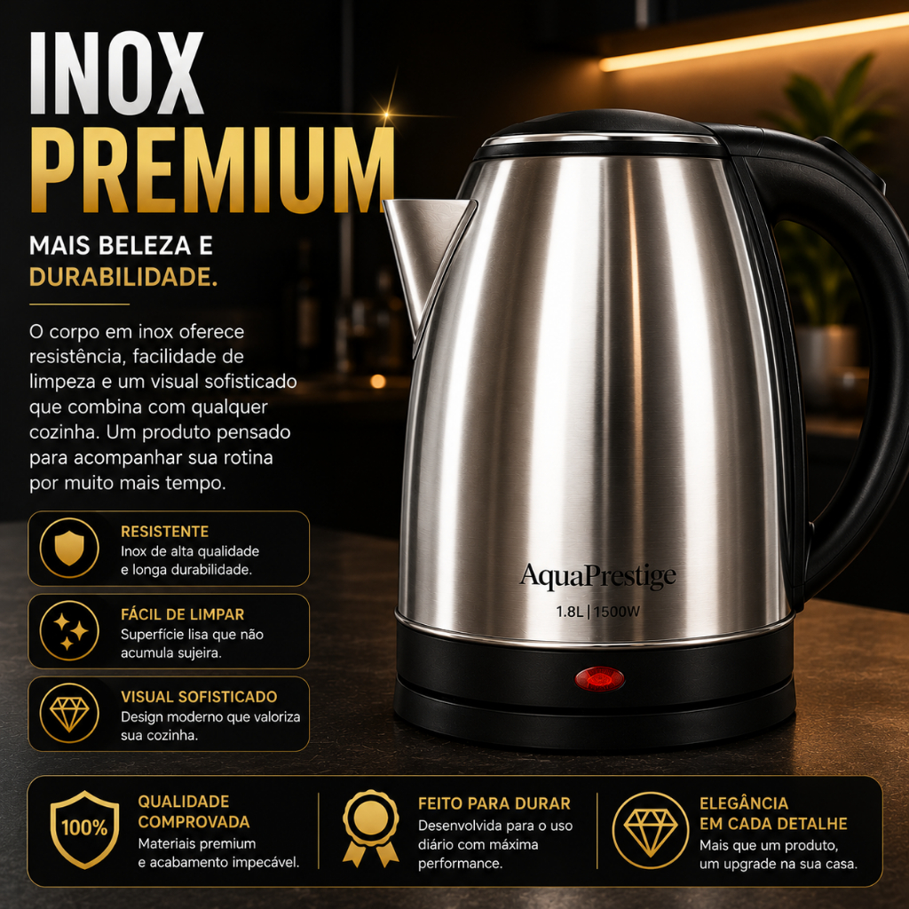 AquaPrestige Chaleira Elétrica Inox 1,8L 1500W 220V | Desligamento Automático | Aquecimento Rápido | Proteção Contra Fun