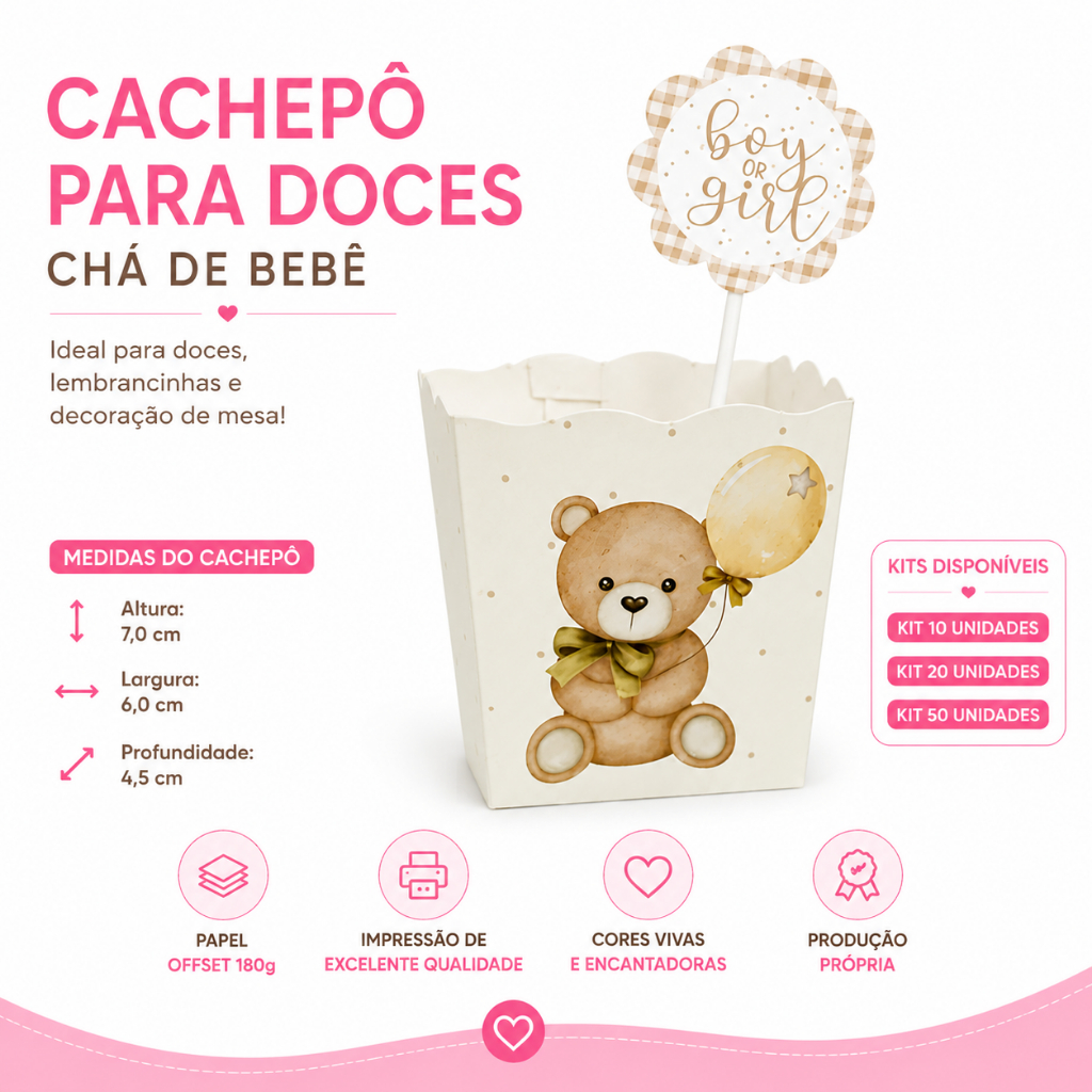 Cachepô Chá de Bebê Ursinho, Lembrancinha Festa Revelação PEGUE E MONTE