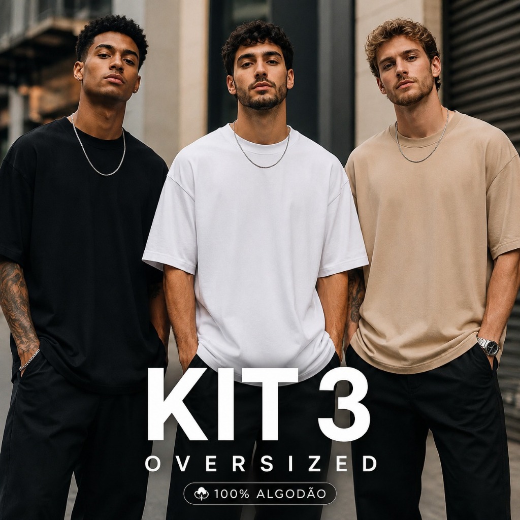 Kit 3 Camiseta Oversized Lisa Masculina Algodão Streetwear