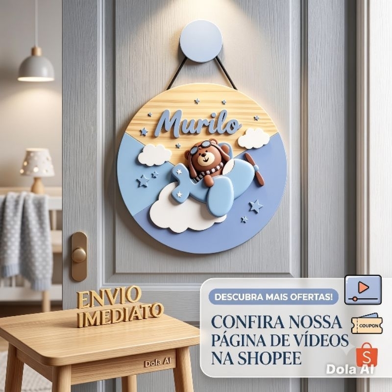 enfeite porta maternidade ursinho aviador em MDF personalizado