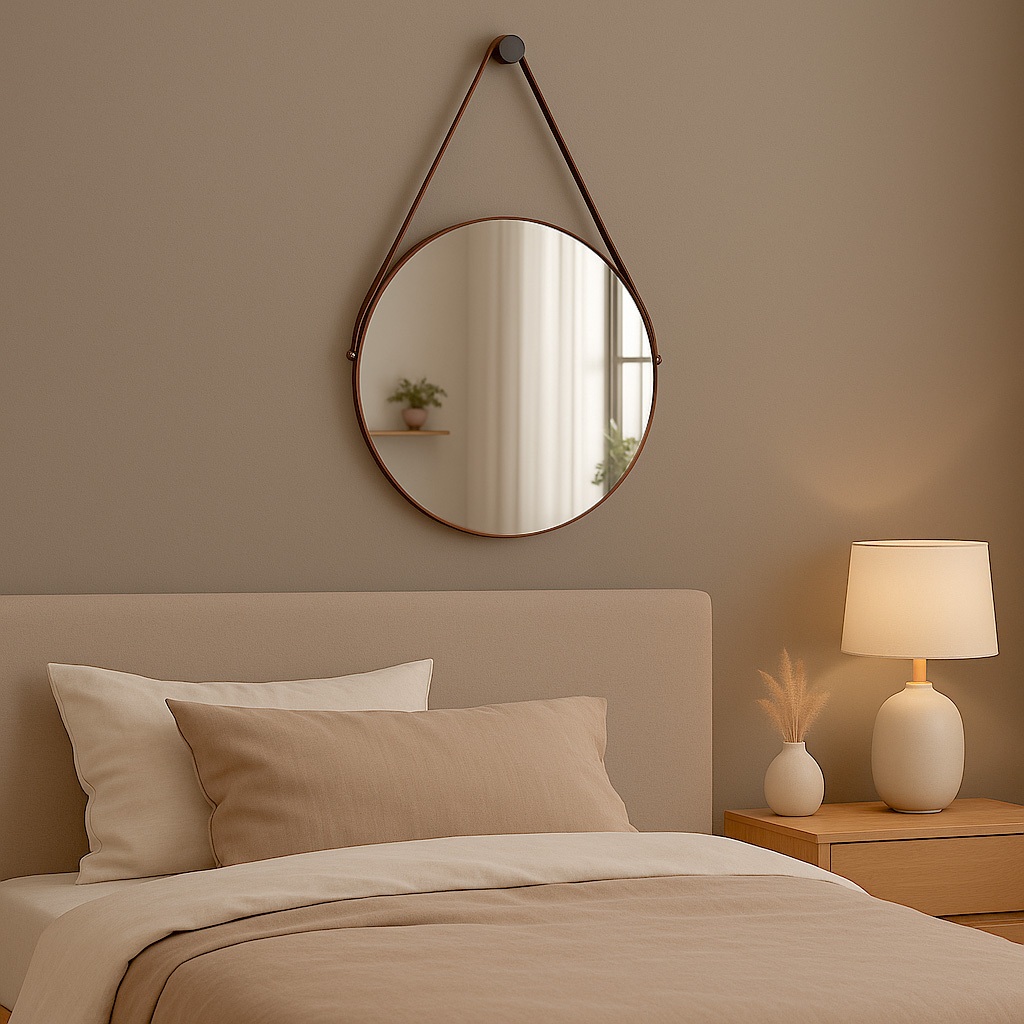 Espelho Redondo Decorativo Adnet com Alça e Suporte Couro 60cm 50cm 40cm 30cm Sala Banheiro Quarto · foto 2