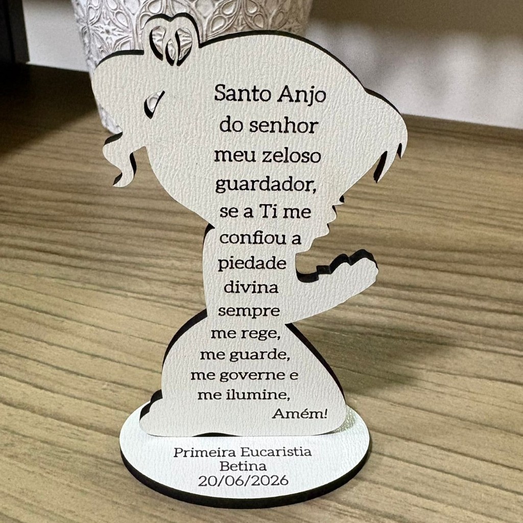 Kit Lembrancinhas Menina Orando Santo Anjo Personalizado - Para Batizado Crisma Primeira Comunhão Eucaristia MDF branco