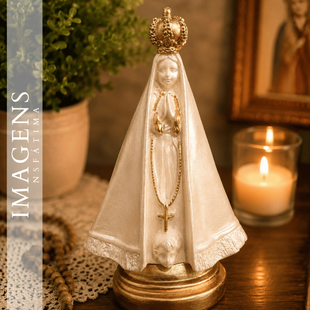 Imagem em gesso premium Nossa Senhora Aparecida pintura perolada e dourado detalhada 18cm