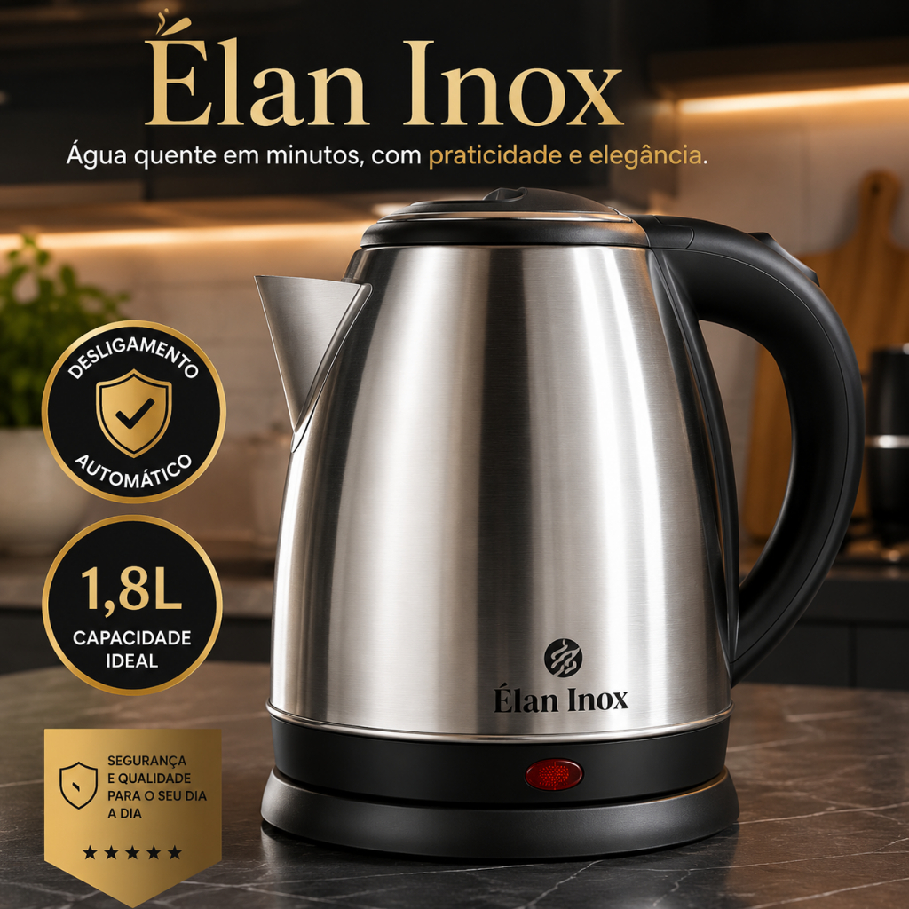 Chaleira Elétrica Inox 1,8L 1000W 127V Desligamento Automático Aquecimento Rápido Filtro Removível