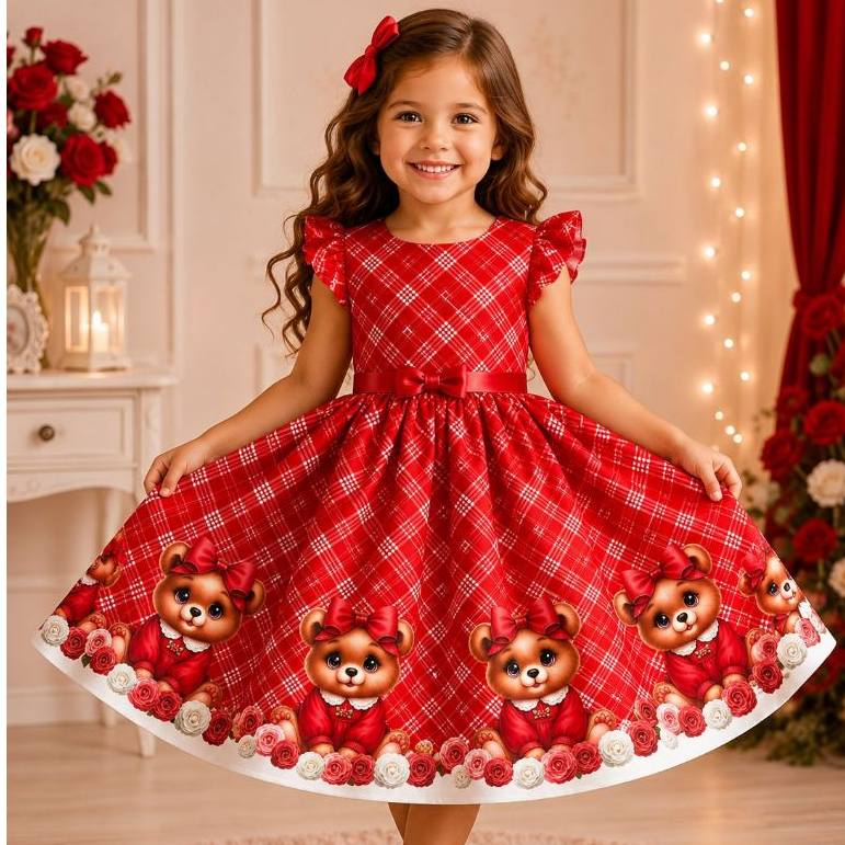 Vestido Infantil Lilo e Stitch Floral Festa Junina e Casual Menina Junino Ursinho dia das crianças Brasil