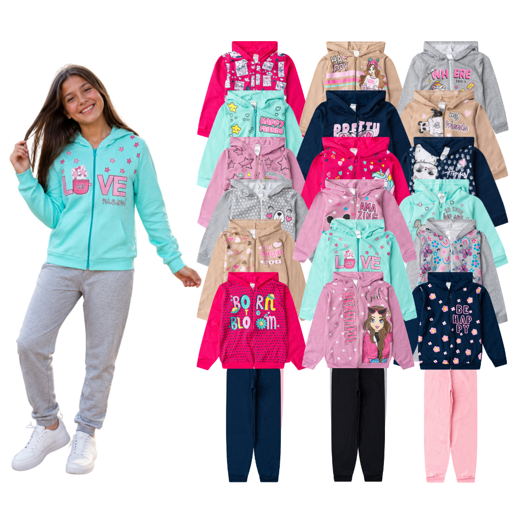 Kit 12 Peças Moletom Infantil Menina Inverno Conjunto 1 ao 14 feminino com Zíper e Capuz