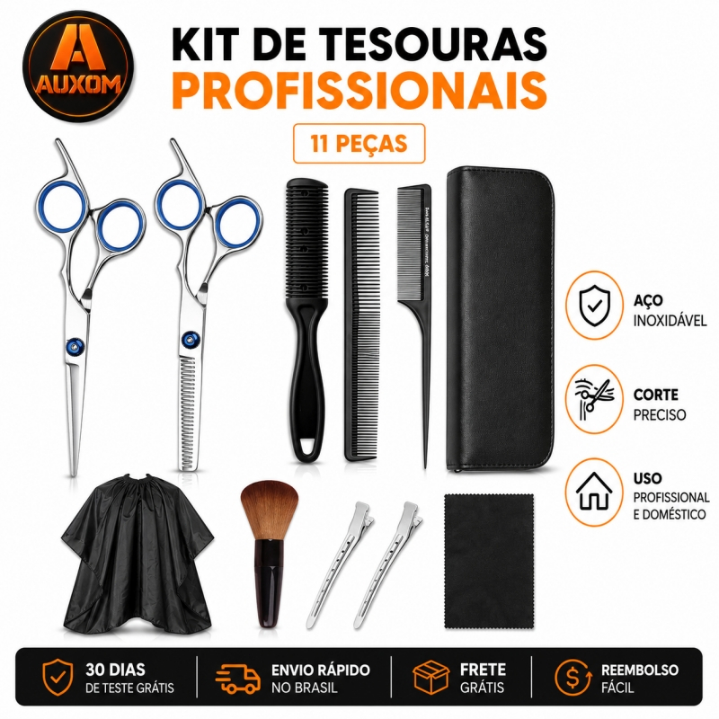 AUXOM Kit Barbeiro 11 Peças Tesoura de Cabelo Inox Profissional com Pentes Capa e Estojo