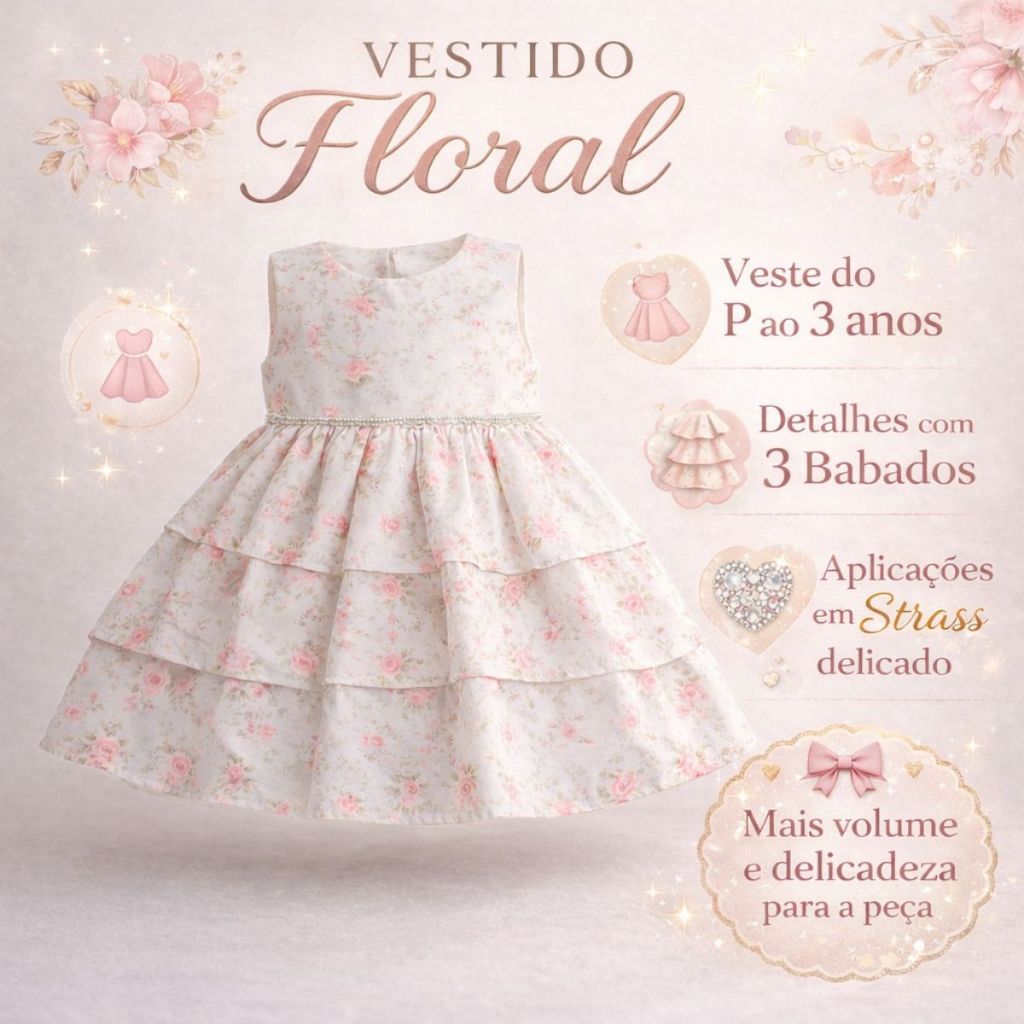 VESTIDO INFANTIL BRANCO FLORIDO FLORAL MENINA MODA FEMININA TAM P A 3 ANOS CONJUNTO VESTIDO + FAIXA DE DE CABELO