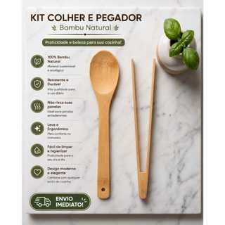 Kit Pegador E Colher De  Bambu Madeira Para Salada Carne  Pinça Cozinha  Utensílios de Cozinha Bambu