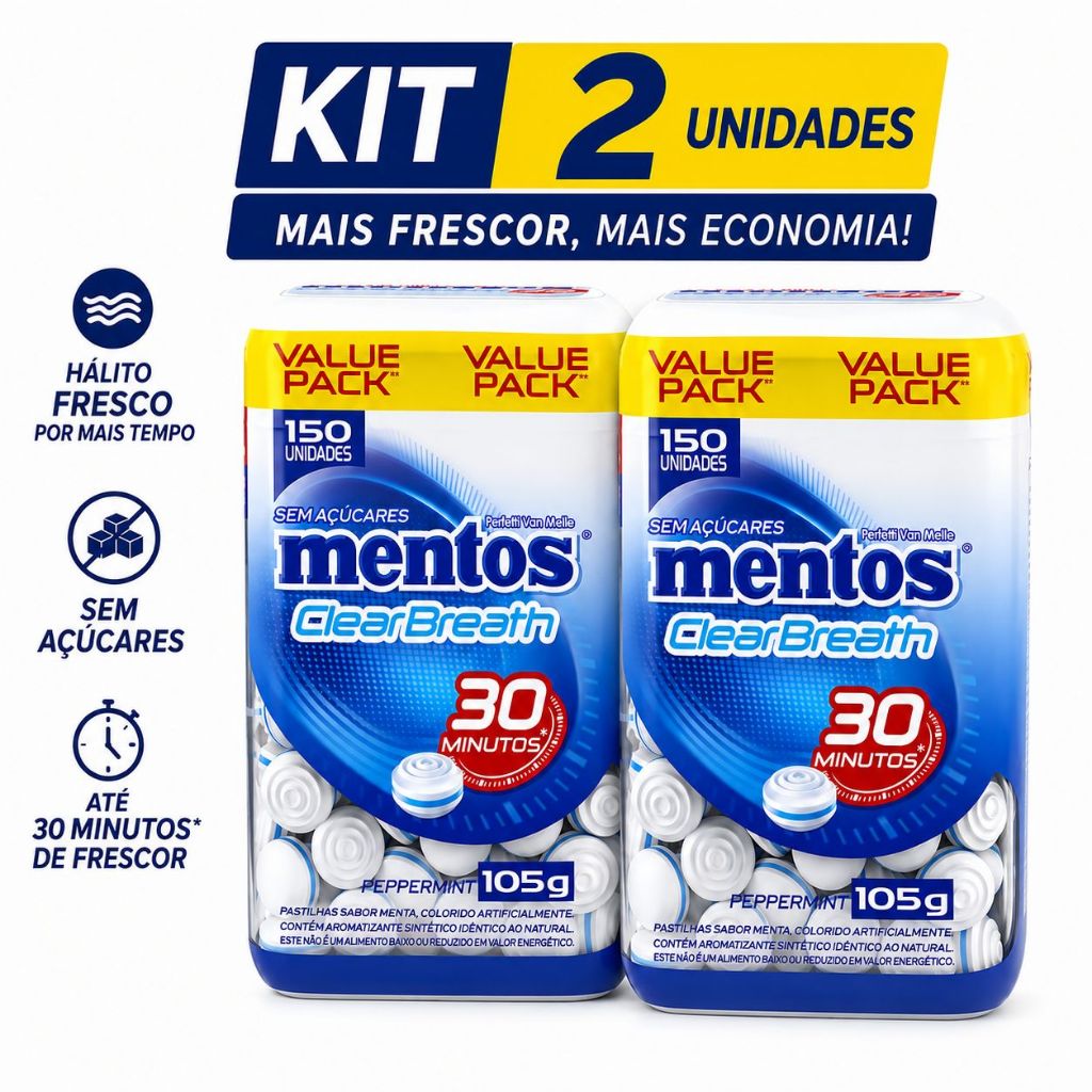 Kit 2 Pastilhas Mentos Kiss Peppermint Sem Açúcar 105g cada - Pote com 150 unidades