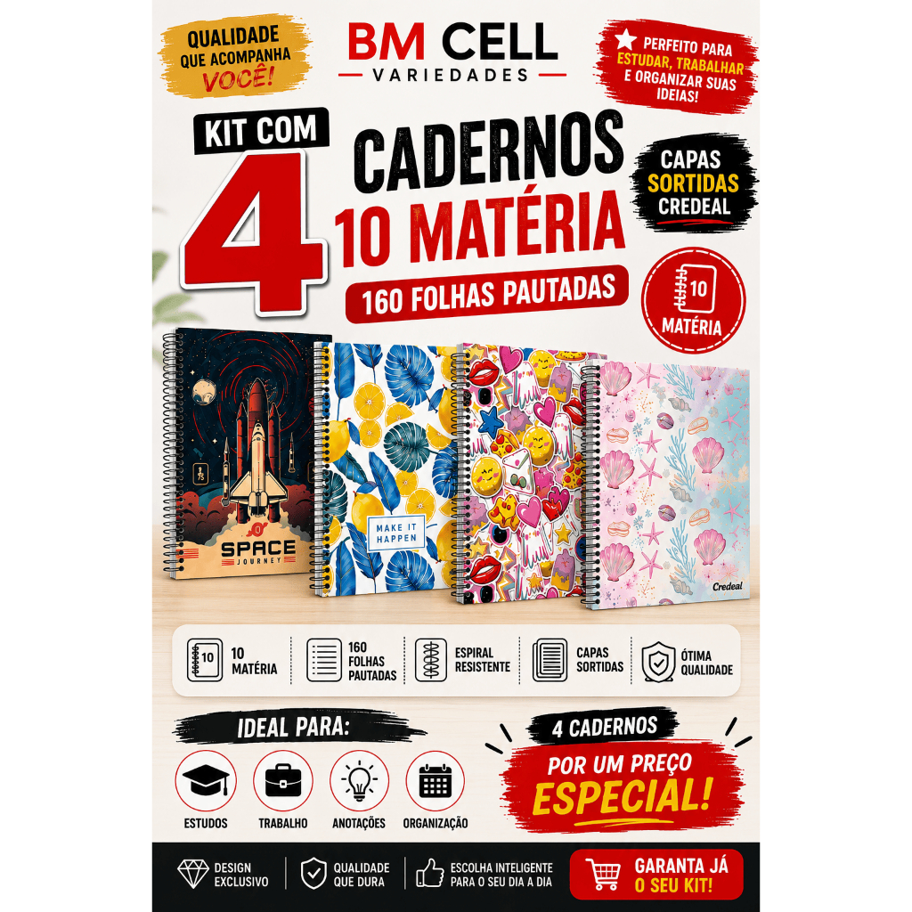Kit 4 cadernos 10 matéria 160 folhas, CREDEAL capas sortidas